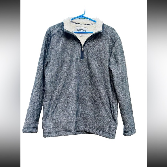 ORVIS Grayish Black Tweed Half Zip Pullover With Sherpa Fleece Lining Men’s Med - Picture 2 of 11